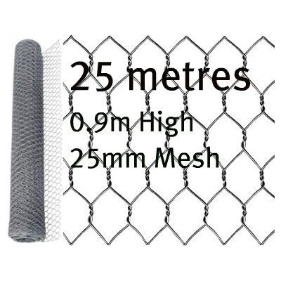 25m Galvanised Chicken Fence 0.9m High 25mm Mesh