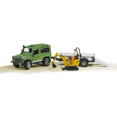Bruder Land Rover Defender with Trailer, JCB and Construction Worker 1:16